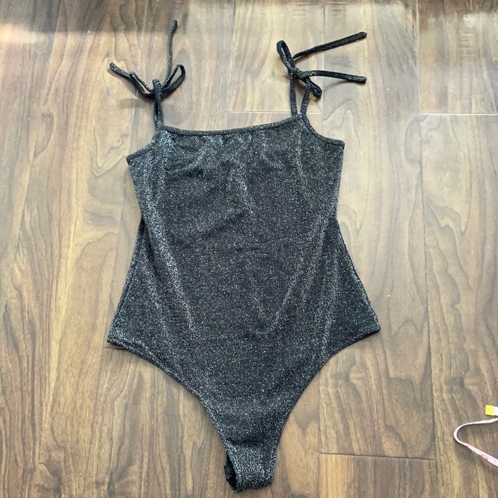 Fashion Nova Sparkly Black Tie Strap Tank Bodysuit